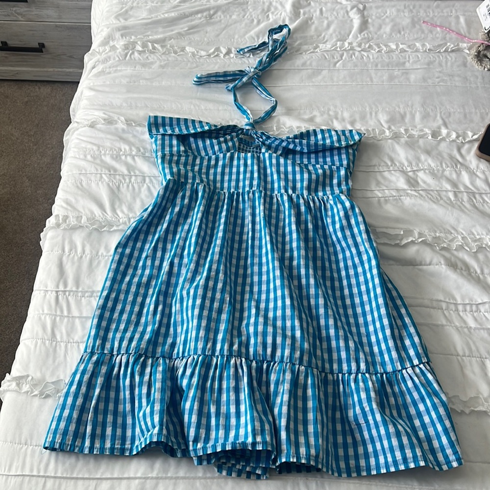 Gingham Print Shirred Tie Backless Ruffle Hem Halter Dress